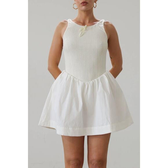 For Love & Lemons Billie Pointelle Mini Dress in Cream Drop Waist Poplin Knit - Picture 5 of 15